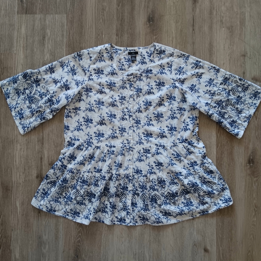 Ellos Peasant Tunic Womens Large Top Floral Blue Embroidered RuffleTiered Fairy